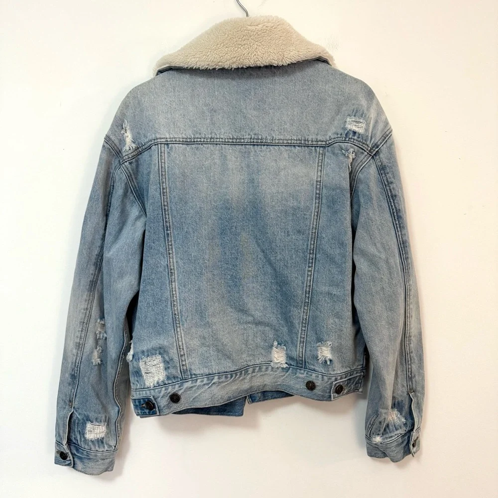 Free People Trucker Jacket Blue Flannel Lined Sherpa Distressed Women’s Small - Picture 6 of 7